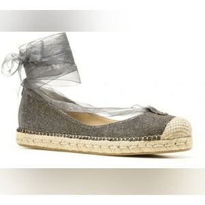 Stuart Weitzman Gray Glitter Espadrille Flats 9M Ribbon Lace-Up Ballet